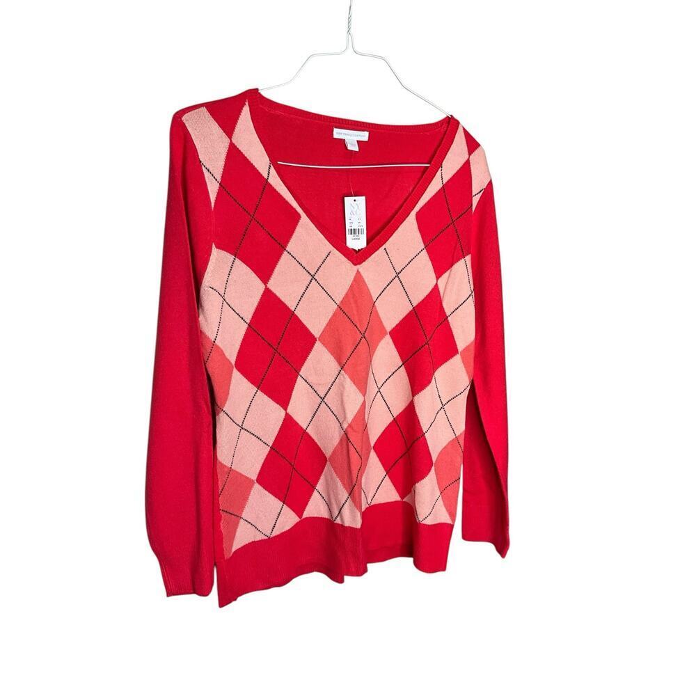 New York & Company V-Neck Sweater Argyle Pullover Acrylic Orange Size L NWT‎